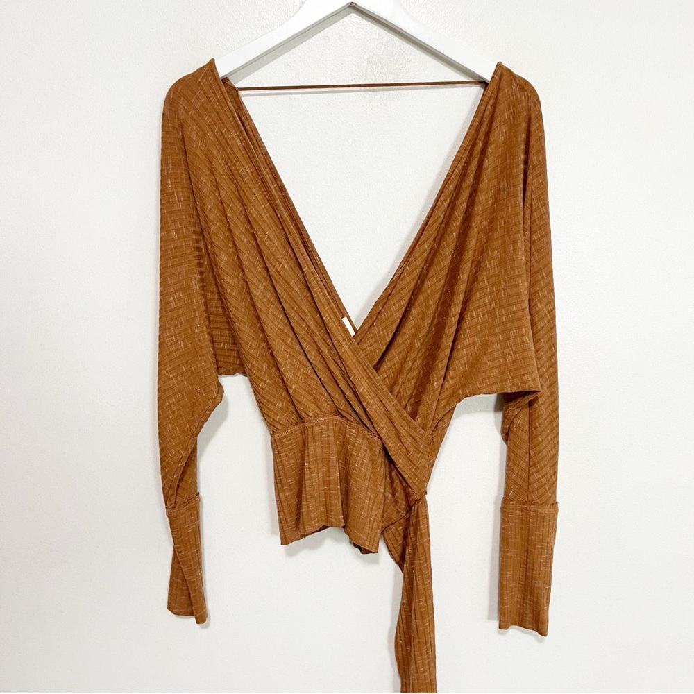 BOGO! Free People East Coast Ribbed Knit Wrap Sweater Top Tan Size XS - Picture 3 of 8